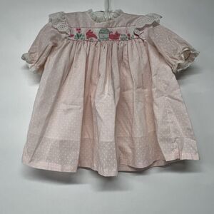 Annette Elane Vintage Easter Embroidered Pink Bunny Kitty Dress 18 MO